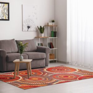 Liora Manne Marina Low Profile Durable Indoor/Outdoor Woven Rug- Circles Saffron 6'6" x 9'4"