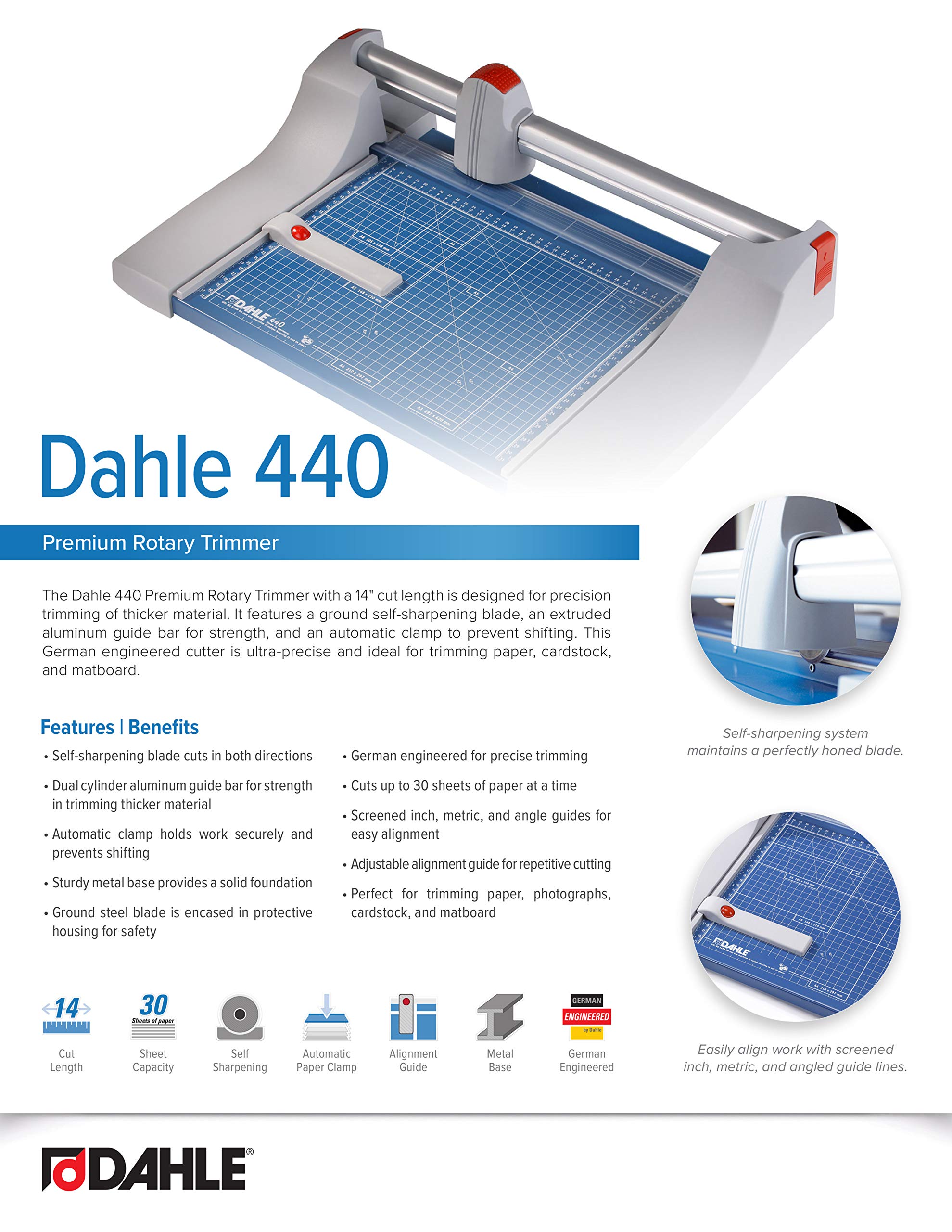 Dahle 440 Premium Rotary Trimmer, 14" Cut Length, 30 Sheet Capacity, Self-Sharpening, Automatic Clamp, German Engineered Paper Cutter