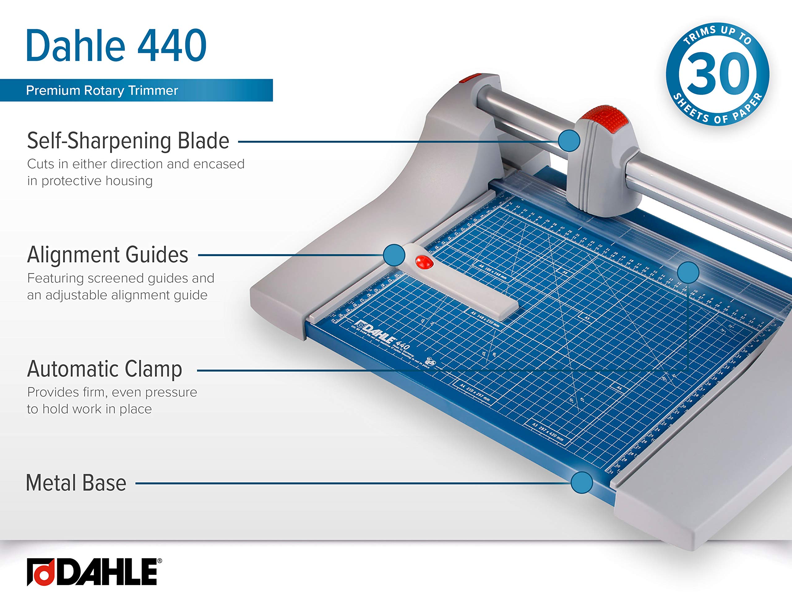 Dahle 440 Premium Rotary Trimmer, 14" Cut Length, 30 Sheet Capacity, Self-Sharpening, Automatic Clamp, German Engineered Paper Cutter