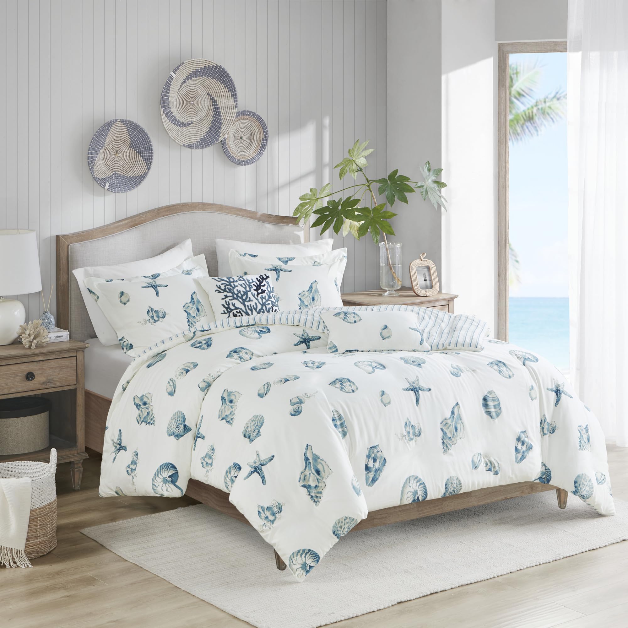 Harbor House 100% Cotton Duvet Cover, Seashells Duvet Cover Set – Light Weight Bed Comforter Covers, Beach House Blue Ivory Full/Queen (90"x90") 3 Piece