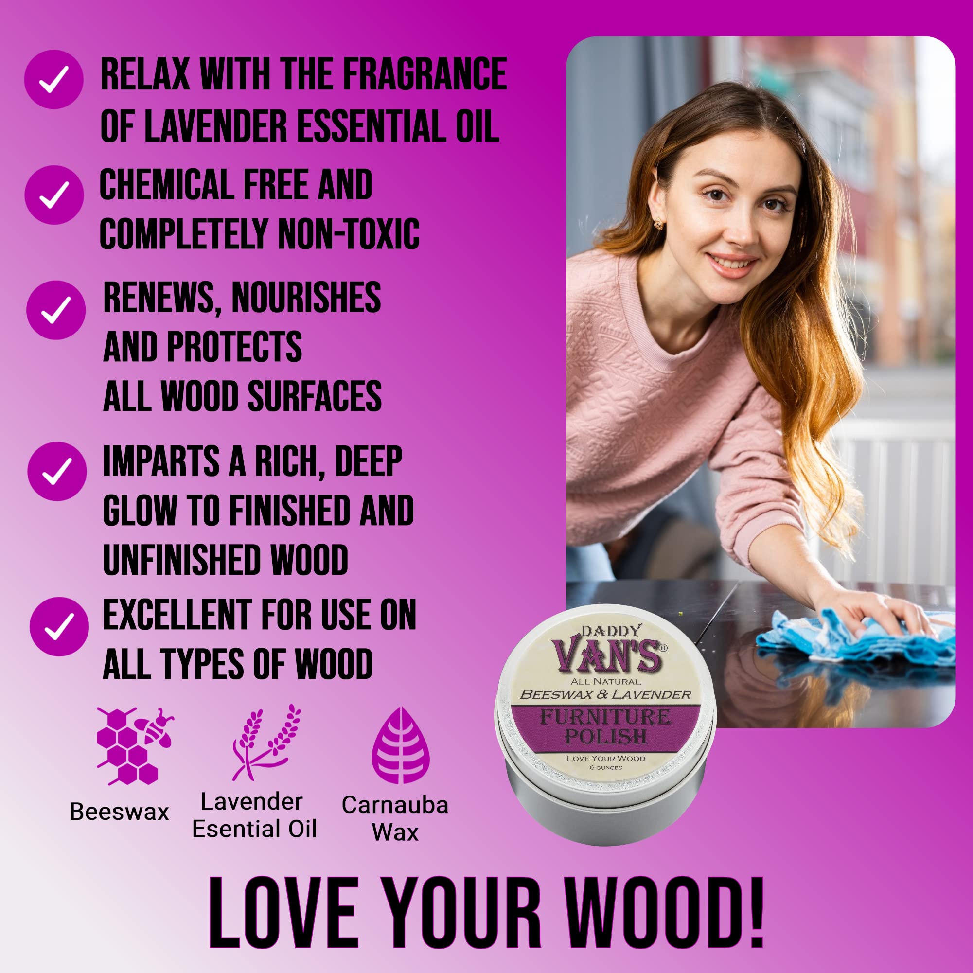 Daddy Van's All Natural Beeswax & Lavender Furniture Polish - Chemical-Free, Non-Toxic Wood Conditioner Scented with Pure Lavender Essential Oil