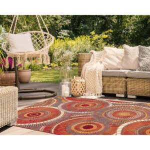 liora manne marina low profile durable indoor/outdoor woven rug- circles saffron 6'6" x 9'4"