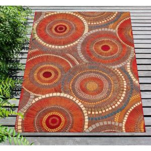 Liora Manne Marina Low Profile Durable Indoor/Outdoor Woven Rug- Circles Saffron 6'6" x 9'4"