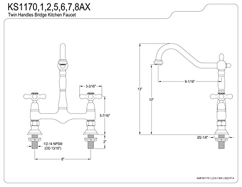 Kingston Brass KS1178AX Heritage 8-Inch Kitchen Faucet Without Sprayer, Brushed Nickel, 13 x 8 x 2.13