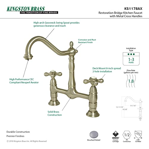 Kingston Brass KS1178AX Heritage 8-Inch Kitchen Faucet Without Sprayer, Brushed Nickel, 13 x 8 x 2.13