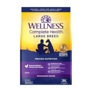 wellness complete health large breed dry dog food with grains, natural ingredients, made in usa with real meat (adult, chicken & rice, 15-pound bag)