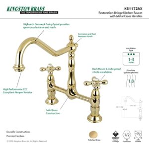 Kingston Brass KS1172AX Heritage Bridge Kitchen Faucet, 8-1/2" Spout Reach, Polished Brass