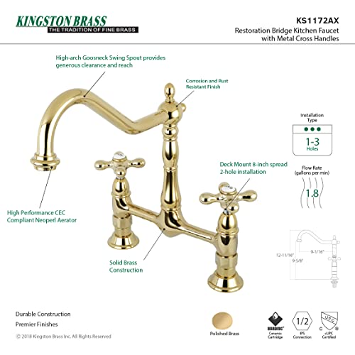 Kingston Brass KS1172AX Heritage Bridge Kitchen Faucet, 8-1/2" Spout Reach, Polished Brass