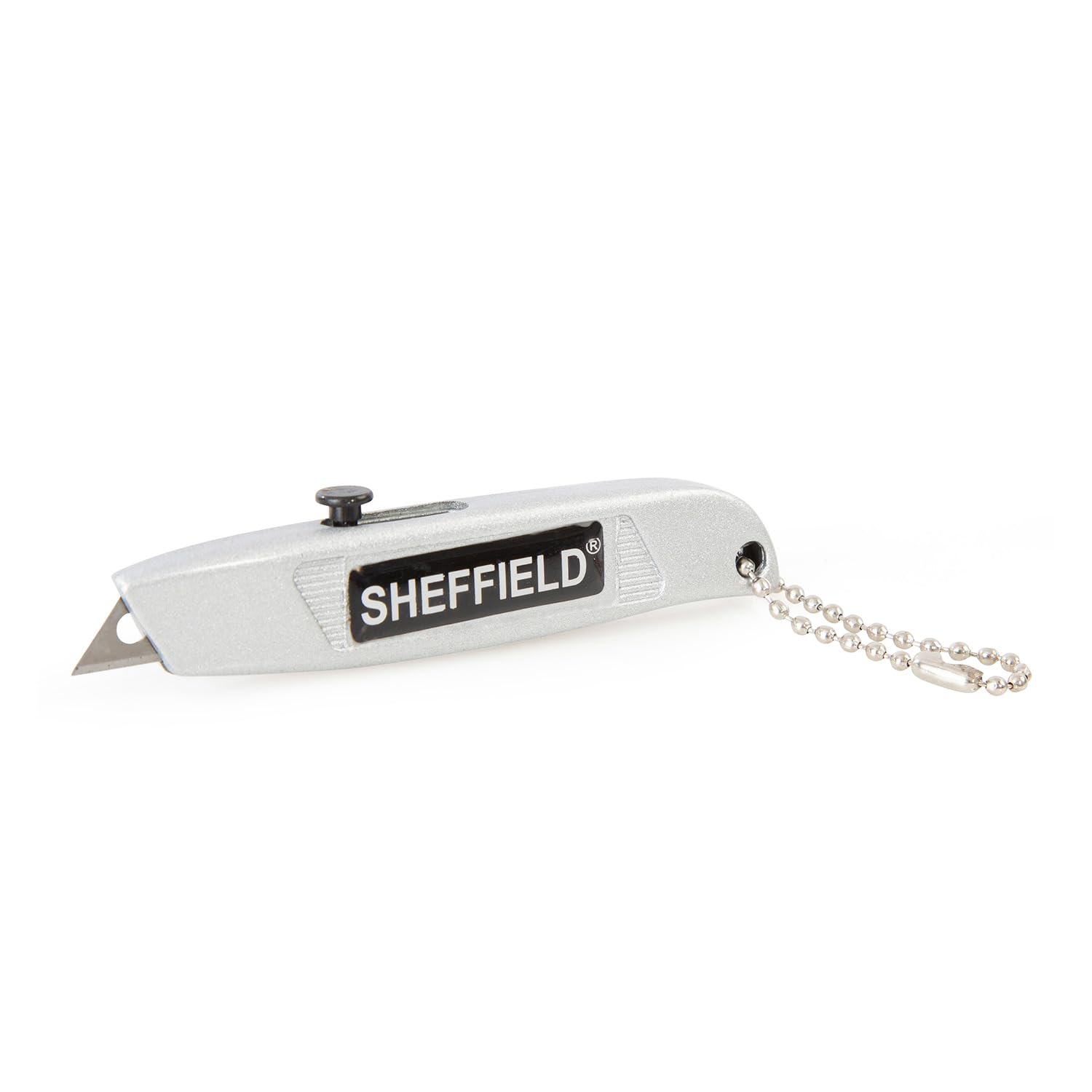 Sheffield 12245 Mini Retractable Utility Knife | Mini Boxcutter, Metal Body, Classic Style, Comes with a Chain that Allows It to Hook on to a Key Ring | Cuts Boxes, Twine, etc. | Useful for Many Jobs