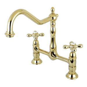 kingston brass ks1172ax heritage bridge kitchen faucet, 8-1/2" spout reach, polished brass