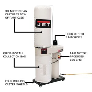 JET Dust Collector, 650 Series, 30-Micron Bag Filter, 1 HP, 115/230V 1Ph (Model DC-650BK)