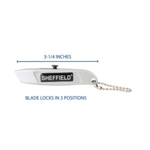 Sheffield 12245 Mini Retractable Utility Knife | Mini Boxcutter, Metal Body, Classic Style, Comes with a Chain that Allows It to Hook on to a Key Ring | Cuts Boxes, Twine, etc. | Useful for Many Jobs