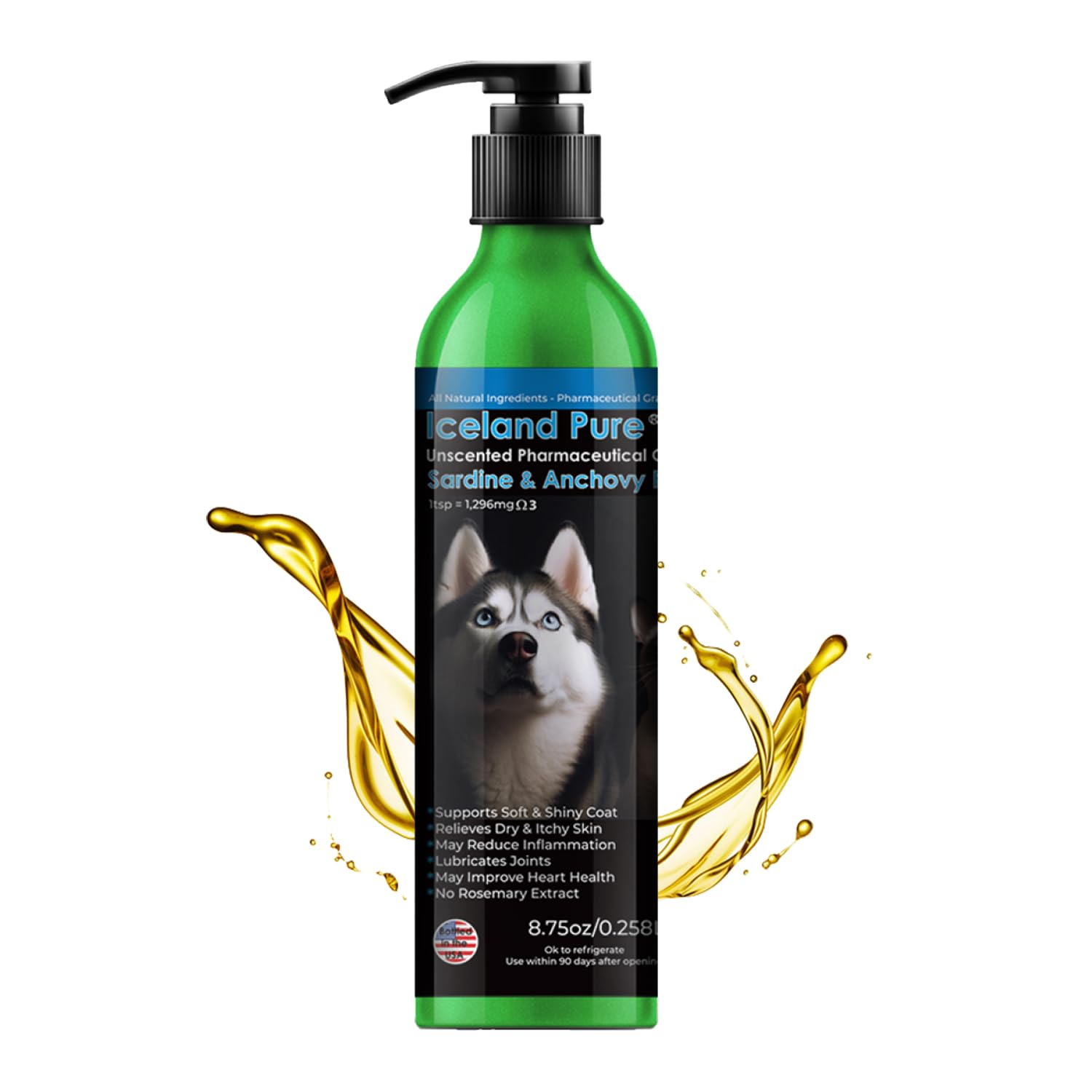 Sardine Anchovy Oil | 1296mg Omega | Unscented Pharmaceutical Grade | for Dogs & Cats | BPA-Free Brushed Aluminum Epoxy Coated Bottle with Pump 8.75oz