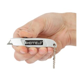 Sheffield 12245 Mini Retractable Utility Knife | Mini Boxcutter, Metal Body, Classic Style, Comes with a Chain that Allows It to Hook on to a Key Ring | Cuts Boxes, Twine, etc. | Useful for Many Jobs