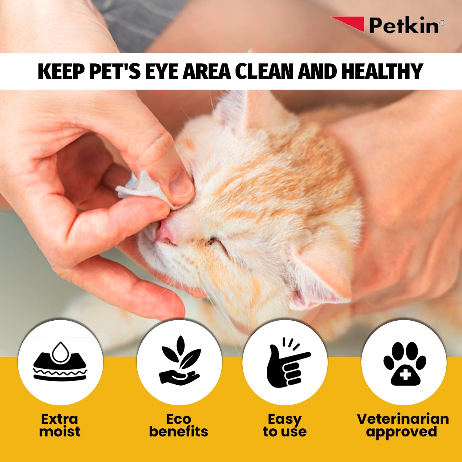 Petkin Jumbo Pet Eye Wipes, 80 Extra Moist Wipes - Gentle Eye Cleansing Wipes Remove Dirt, Discharge, & Tear Stains - Safe, Convenient, & Easy to Use Pet Wipes for Dogs, Cats, Puppies & Kittens