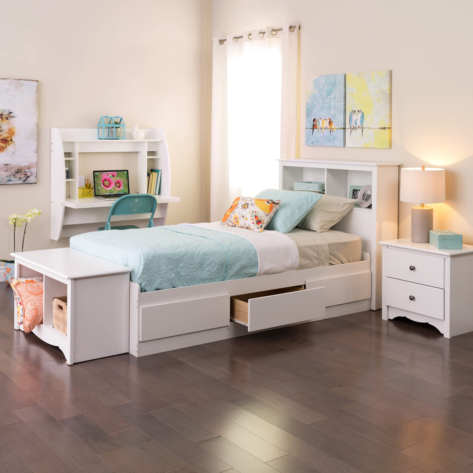 Prepac Mate's Twin 3-Drawer Minimalist Platform Storage Bed, Contemporary Twin Bed with Drawers 76.5" D x 41" W x 18.75" H, White, WBT-4100-2K