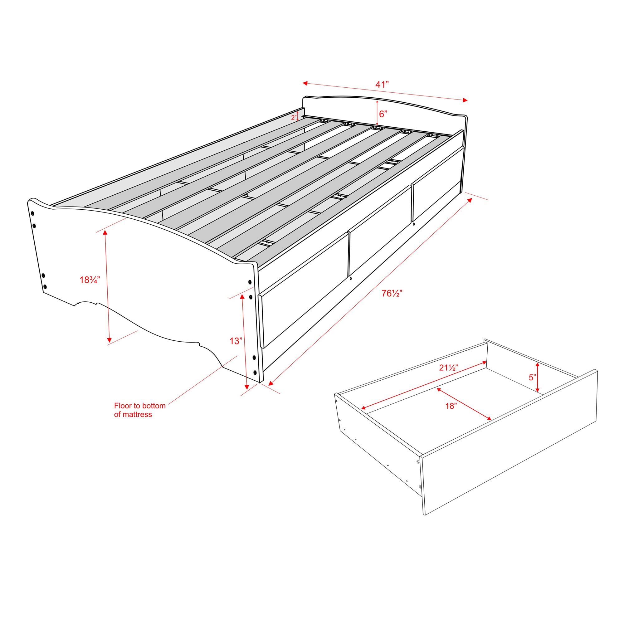 Prepac Mate's Twin 3-Drawer Minimalist Platform Storage Bed, Contemporary Twin Bed with Drawers 76.5" D x 41" W x 18.75" H, White, WBT-4100-2K