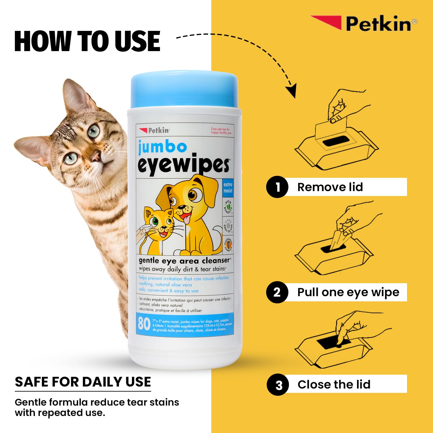 Petkin Jumbo Pet Eye Wipes, 80 Extra Moist Wipes - Gentle Eye Cleansing Wipes Remove Dirt, Discharge, & Tear Stains - Safe, Convenient, & Easy to Use Pet Wipes for Dogs, Cats, Puppies & Kittens