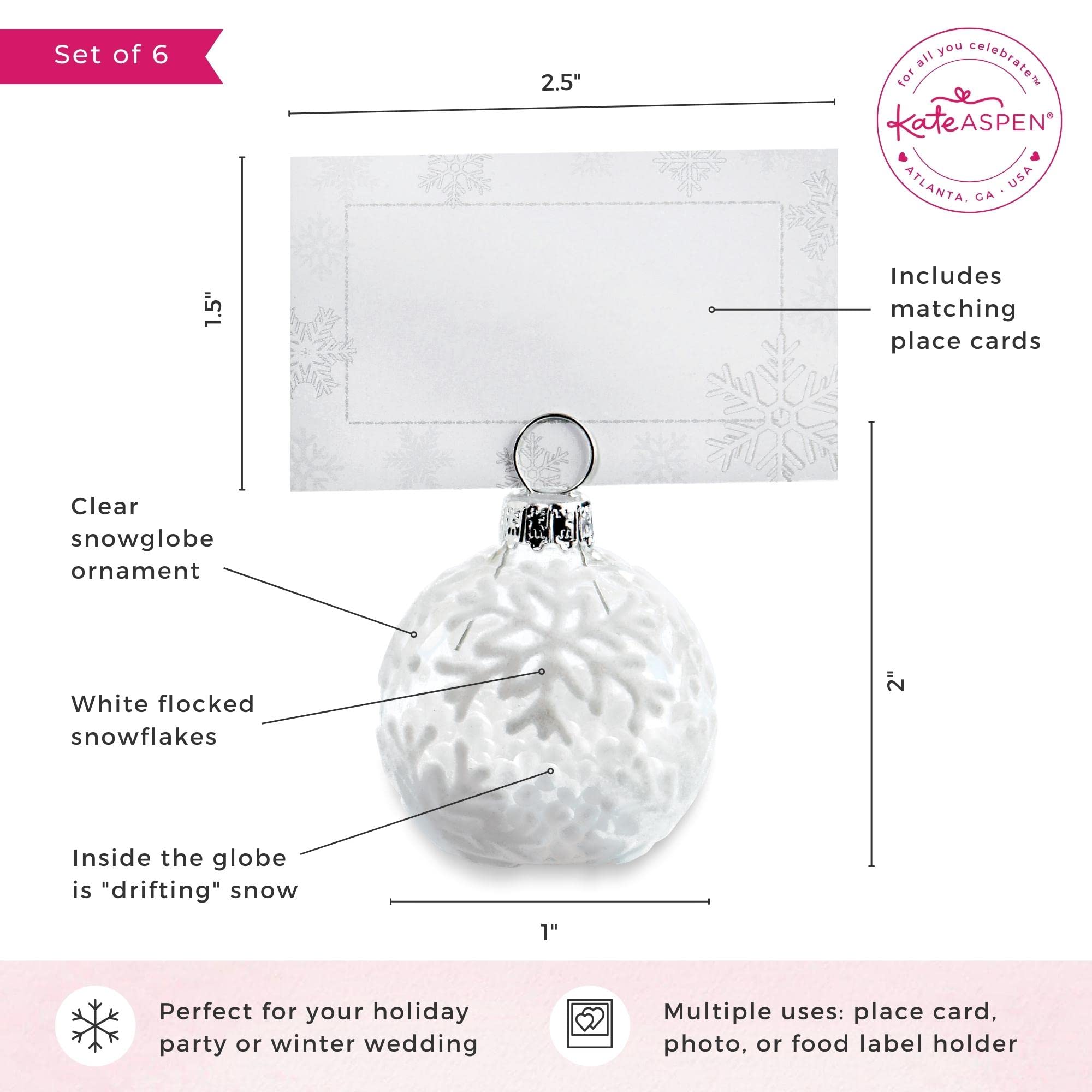 Snow Flurry Flocked Glass Ornament Place Card Holders (Set of 6)