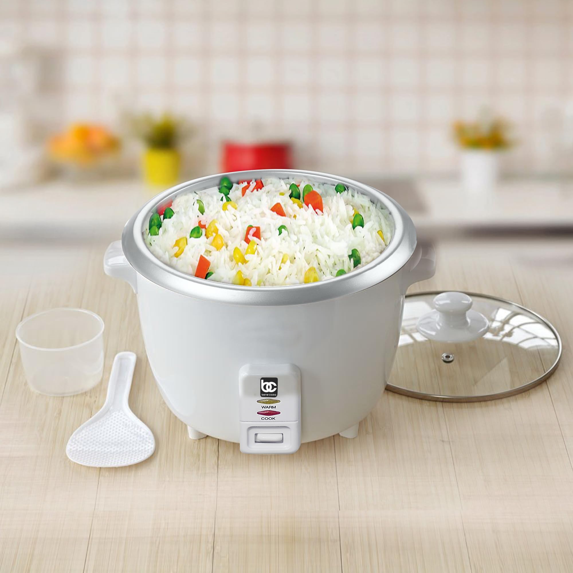 Bene Casa Rice Cooker with glass lid,10-Cup Dishwasher safe rice cooker with auto cut off, steamer rice maker with keep warm facility.