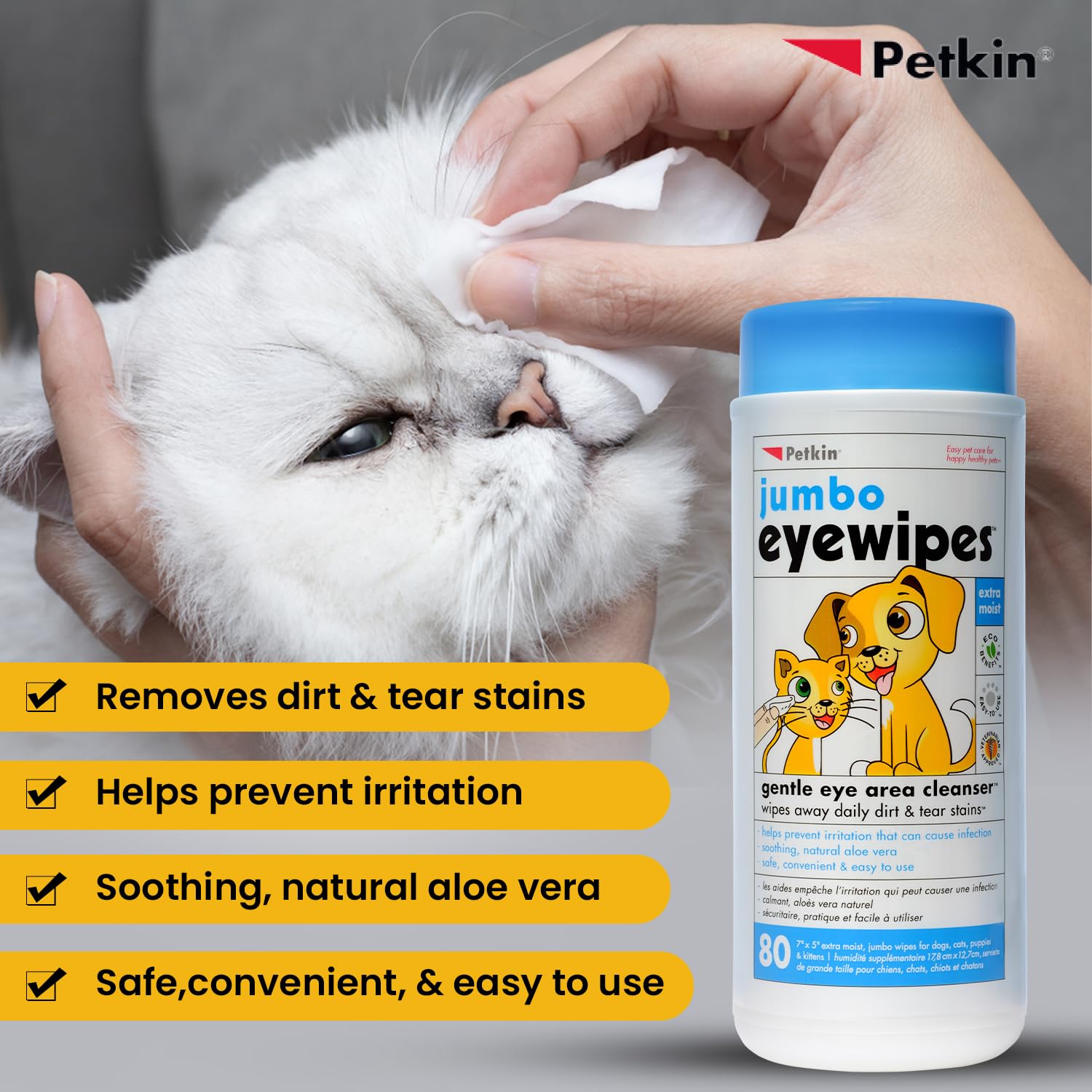 Petkin Jumbo Pet Eye Wipes, 80 Extra Moist Wipes - Gentle Eye Cleansing Wipes Remove Dirt, Discharge, & Tear Stains - Safe, Convenient, & Easy to Use Pet Wipes for Dogs, Cats, Puppies & Kittens