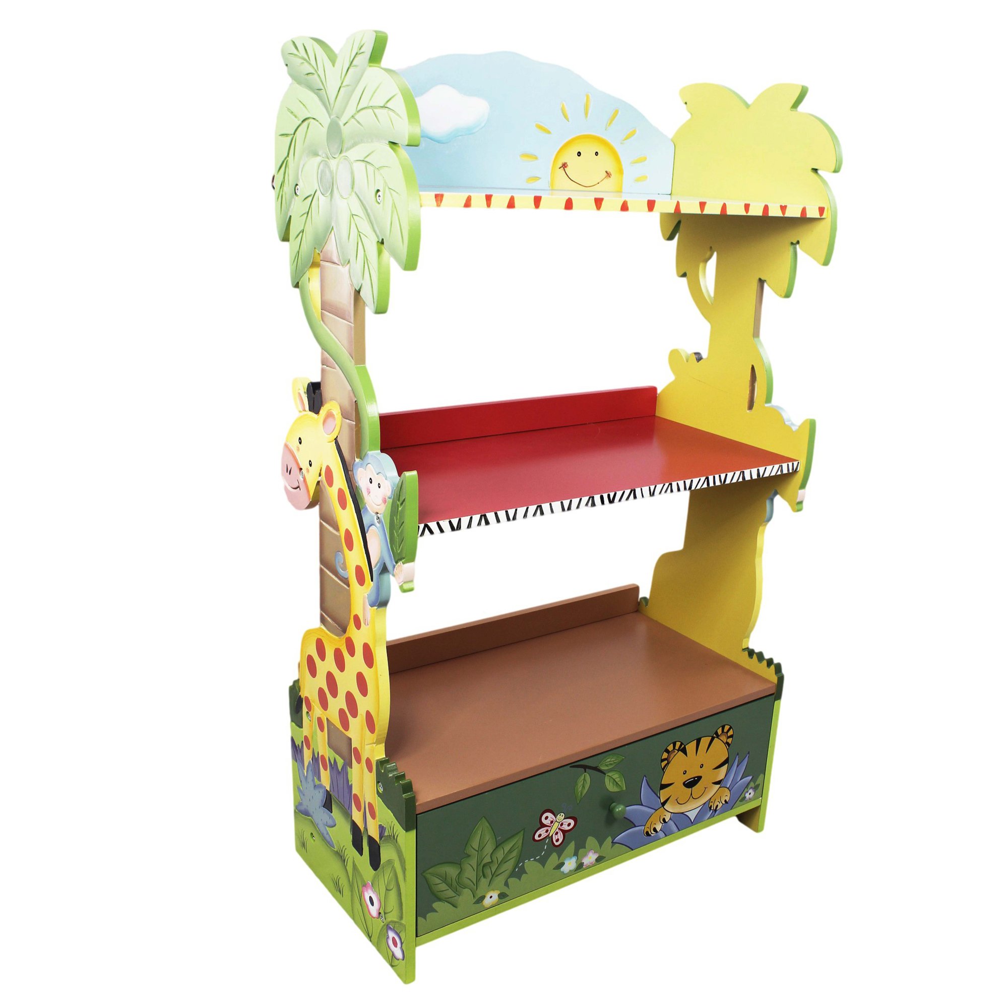 Fantasy Fields Sunny Safari Animal Wooden 3 Shelves Kids Bookshelf with 1 Drawer Storage Imagination Inspiring Hand Crafted & Hand Painted Details