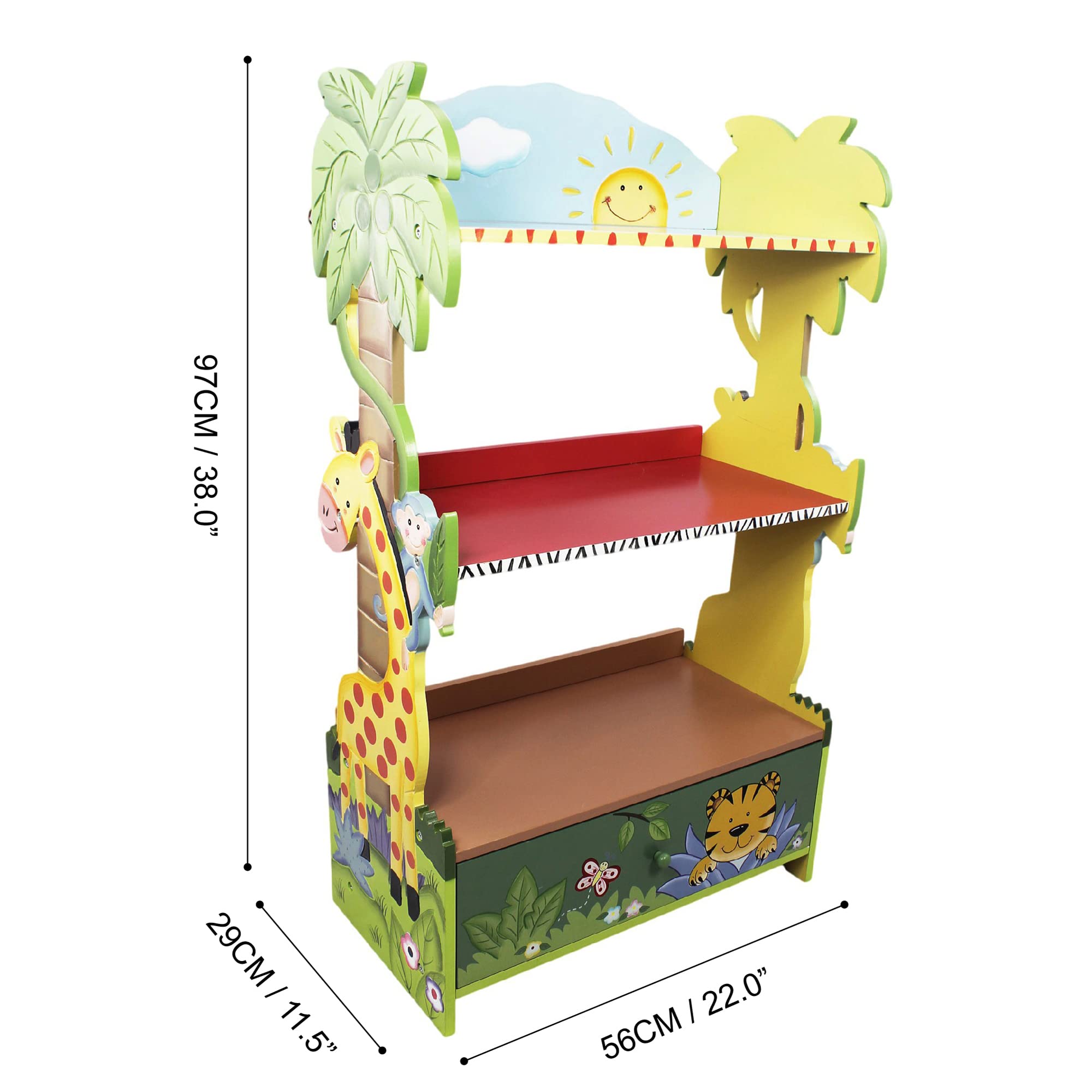 Fantasy Fields Sunny Safari Animal Wooden 3 Shelves Kids Bookshelf with 1 Drawer Storage Imagination Inspiring Hand Crafted & Hand Painted Details