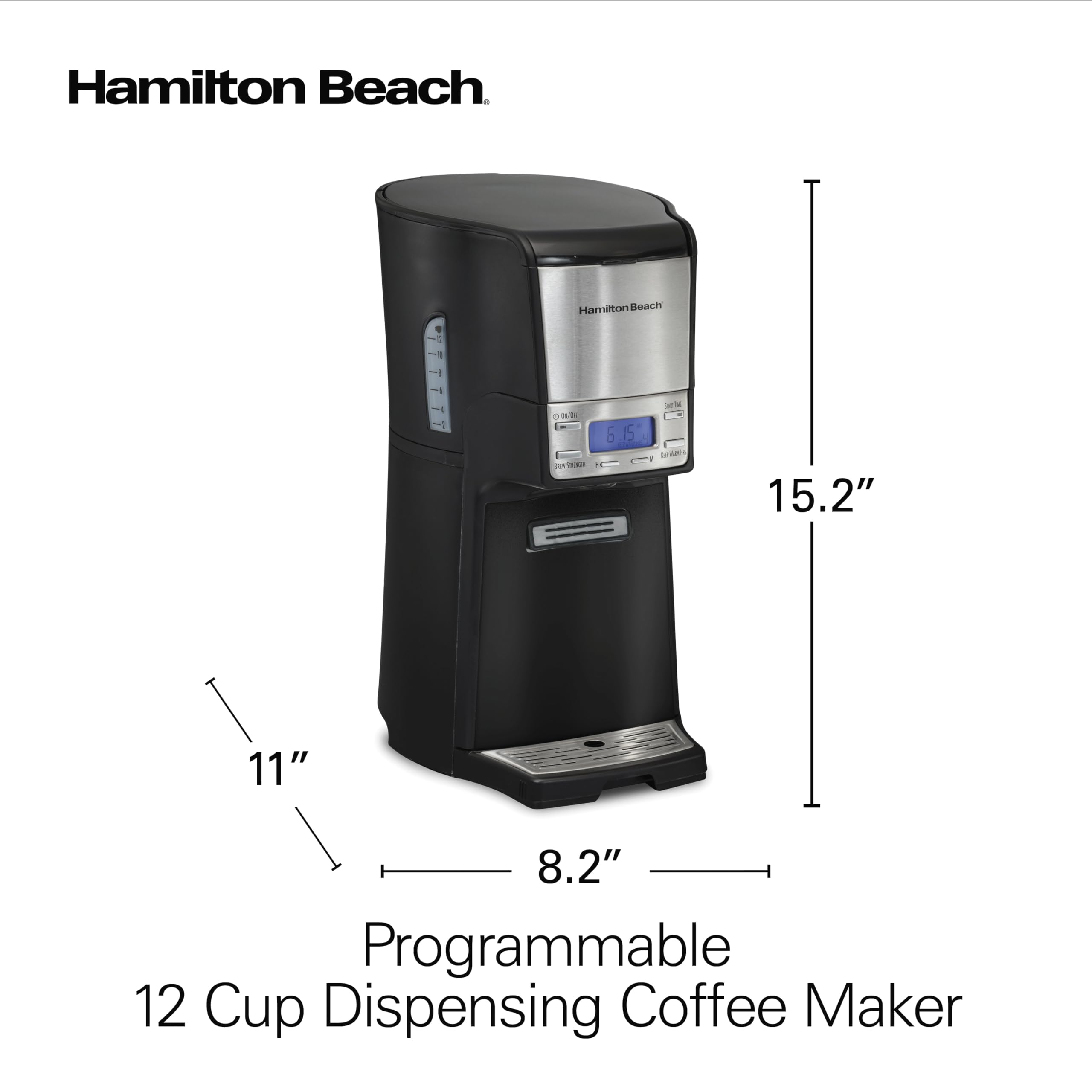 Hamilton Beach One Press Programmable Dispensing Drip Coffee Maker with 12 Cup Internal Brew Pot, Water Reservoir, Black with Chrome (48464)