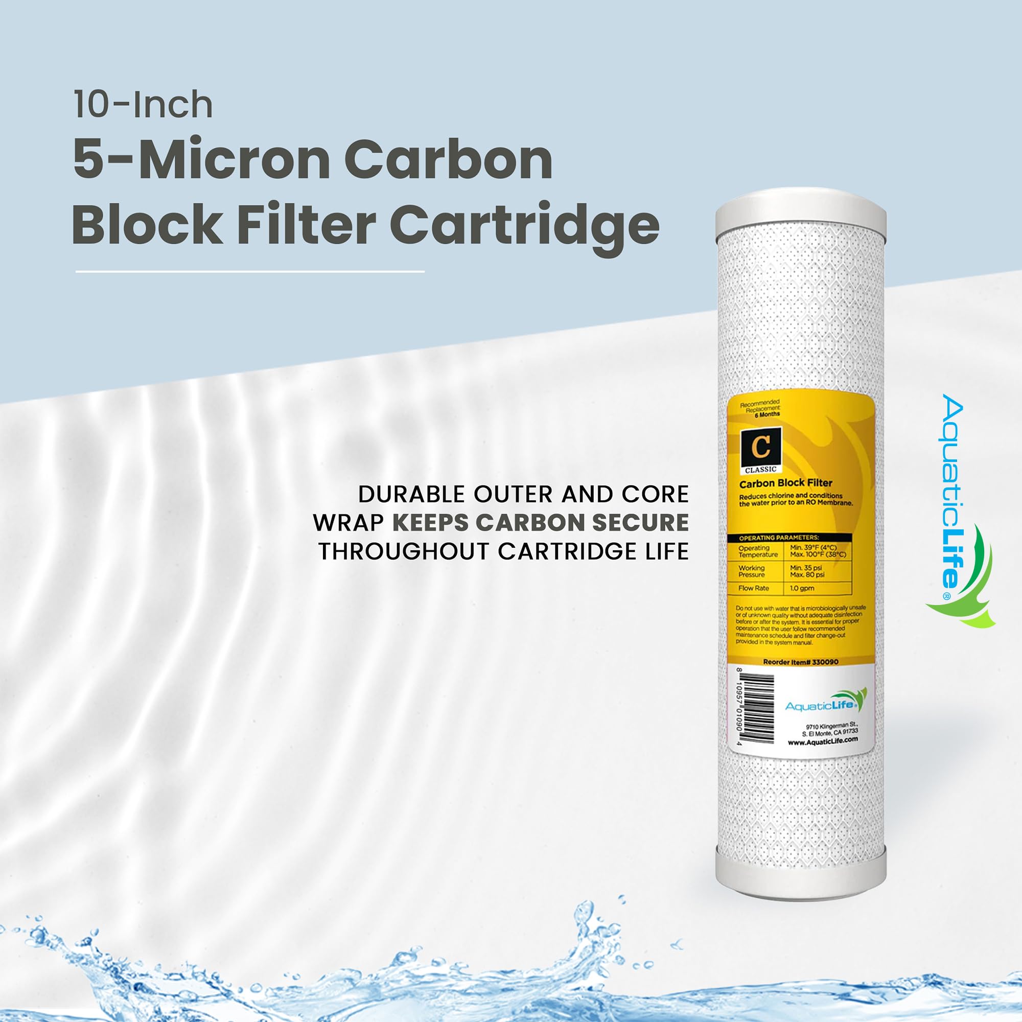 Aquatic Life 10-Inch Pre Carbon Block Replacement Filter Cartridge for RO-DI System Units for Aquarium