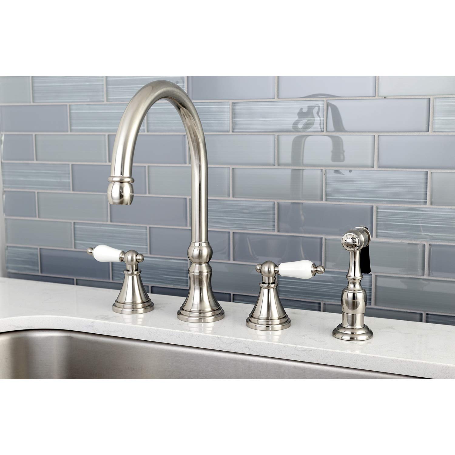 Kingston Brass KS2798PLBS Governor Deck Mount Kitchen Faucet with Brass Sprayer, 8-1/4", Brushed Nickel