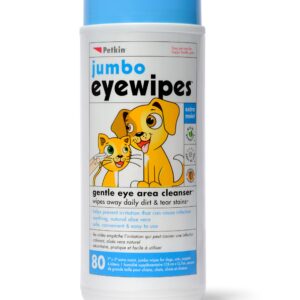 Petkin Jumbo Pet Eye Wipes, 80 Extra Moist Wipes - Gentle Eye Cleansing Wipes Remove Dirt, Discharge, & Tear Stains - Safe, Convenient, & Easy to Use Pet Wipes for Dogs, Cats, Puppies & Kittens