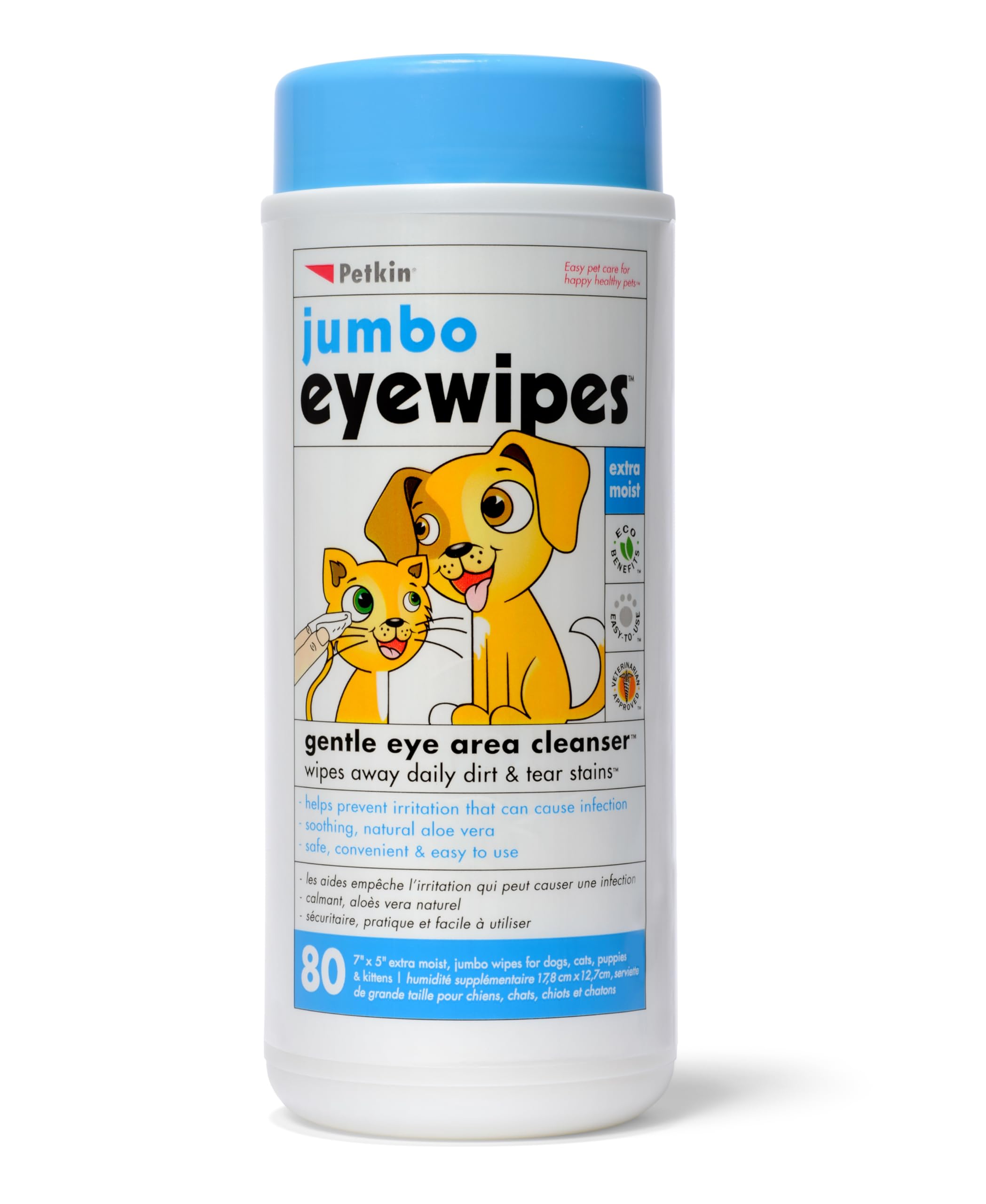 Petkin Jumbo Pet Eye Wipes, 80 Extra Moist Wipes - Gentle Eye Cleansing Wipes Remove Dirt, Discharge, & Tear Stains - Safe, Convenient, & Easy to Use Pet Wipes for Dogs, Cats, Puppies & Kittens