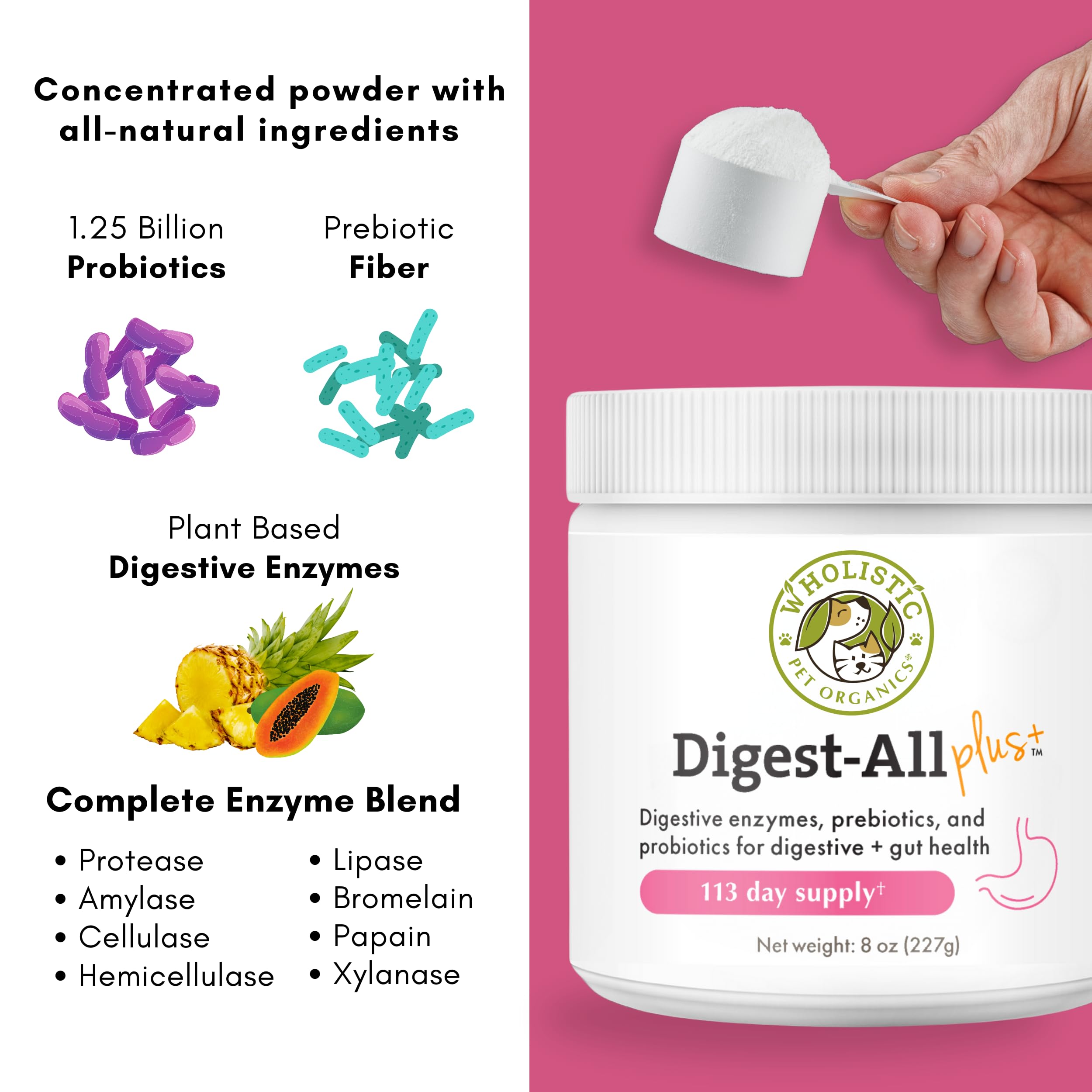 Wholistic Digest-All Plus Dog Probiotics & Digestive Enzymes - 4 Oz - Cat Probiotics for Digestive Health - Dog Supplement Powder for Homemade Food