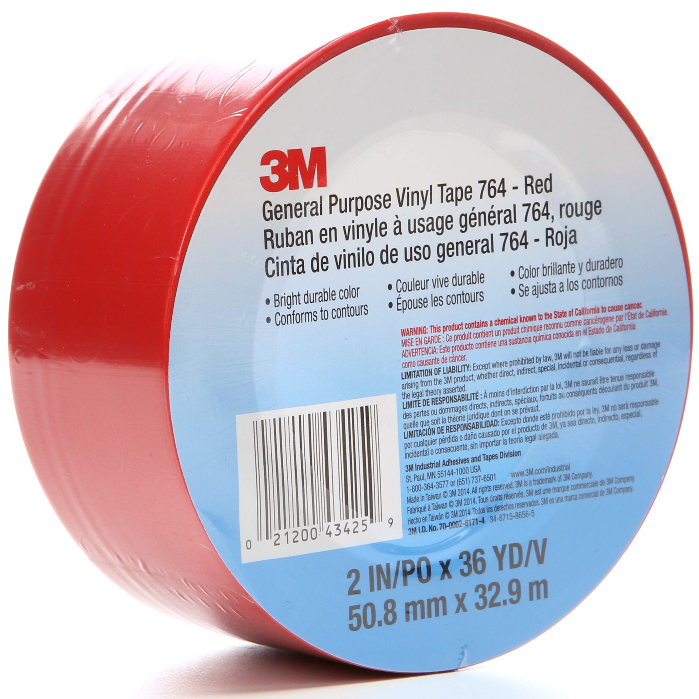 3M Vinyl Tape 764, General Purpose, 2 in x 36 yd, Red, 1 Roll, Light Traffic Floor Marking Tape, Social Distancing, Color Coding, Safety, Bundling