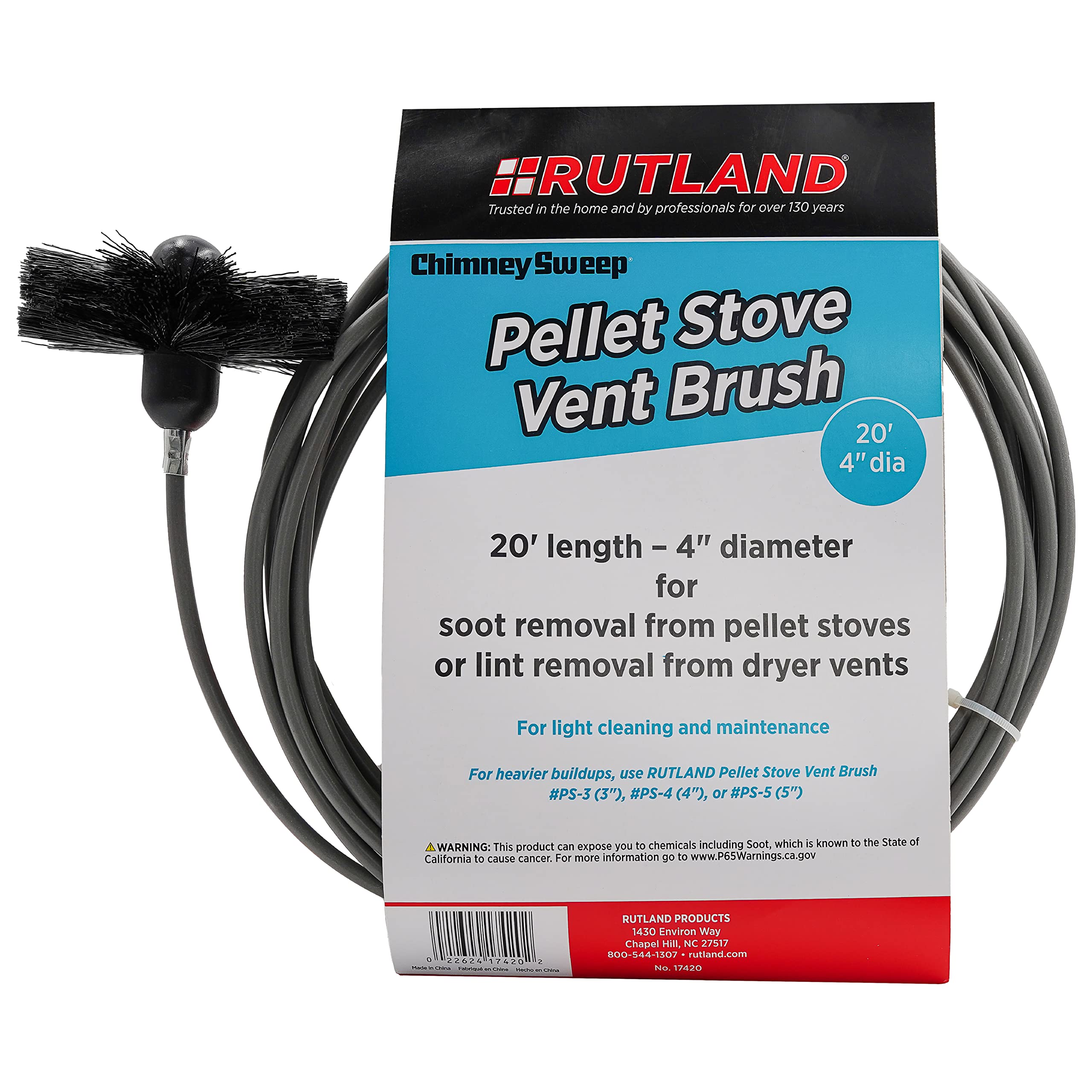 Rutland 4-Inch Pellet Stove/Dryer Vent Brush with 20-Feet Handle