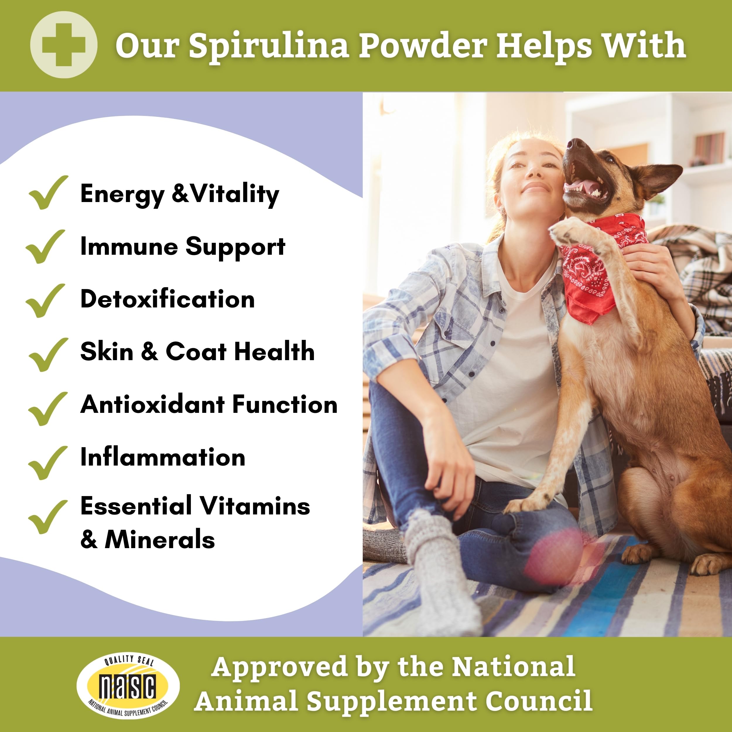 Wholistic Pet Organics Spirulina Powder Organic for Dogs Super Greens Powder Seasonal Allergy Support Supplement Dog Multivitamin USDA Certified Immune Support Vitamins Antioxidants and Minerals