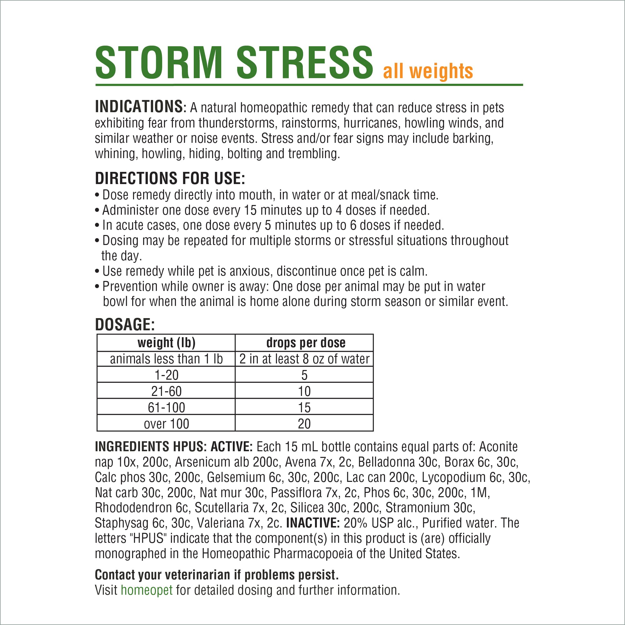 HomeoPet Storm Stress, Storm Anxiety Relief for Dogs, Cats, and Other Small Animals, 15 Milliliters