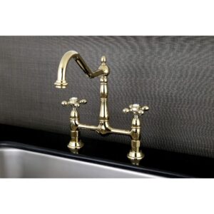 Kingston Brass KS1172AX Heritage Bridge Kitchen Faucet, 8-1/2" Spout Reach, Polished Brass