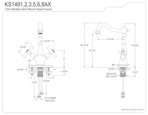 Kingston Brass KS1498AX Heritage 4" Plate Vessel Sink Faucet without Pop-Up Rod, 6-1/2", Brushed Nickel