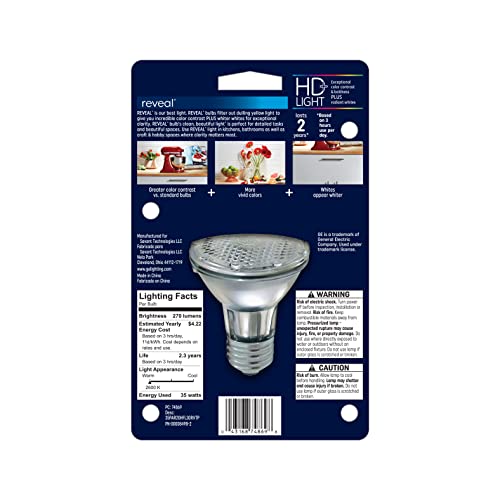 GE Reveal Light Bulb, 35 Watt, HD+ Light, PAR20 Indoor Floodlight Bulb, Medium Base (1 Pack)