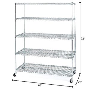 Seville Classics UltraDurable MEGA Rack Commercial-Grade 5-Tier NSF-Certified Steel Wire Shelving with Wheels, 60" W x 24" D x 72" H, Chrome