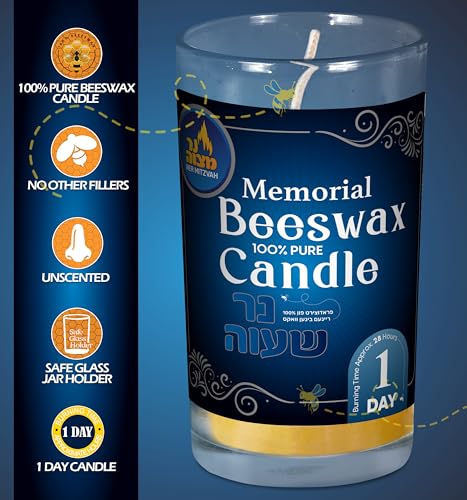 Ner Mitzvah 24 Hour Beeswax Yartzeit Candle - 1 Day Kosher Yahrtzeit Memorial and Yom Kippur Candle in Glass Jar