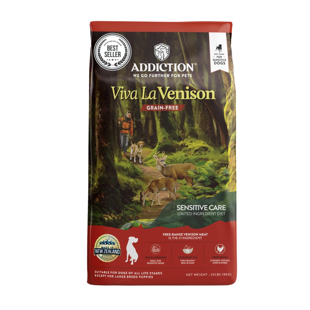 Addiction Viva La Venison Premium Grain-Free Dry Dog Food - Single Protein & Novel Meat with Probiotics - No Chicken, Beef, or Turkey - Ideal for All Dogs & Puppies 20lb