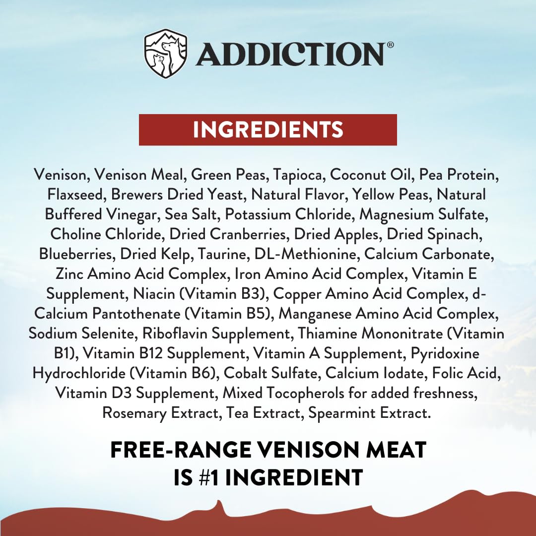 Addiction Viva La Venison Premium Grain-Free Dry Dog Food - Single Protein & Novel Meat with Probiotics - No Chicken, Beef, or Turkey - Ideal for All Dogs & Puppies 20lb