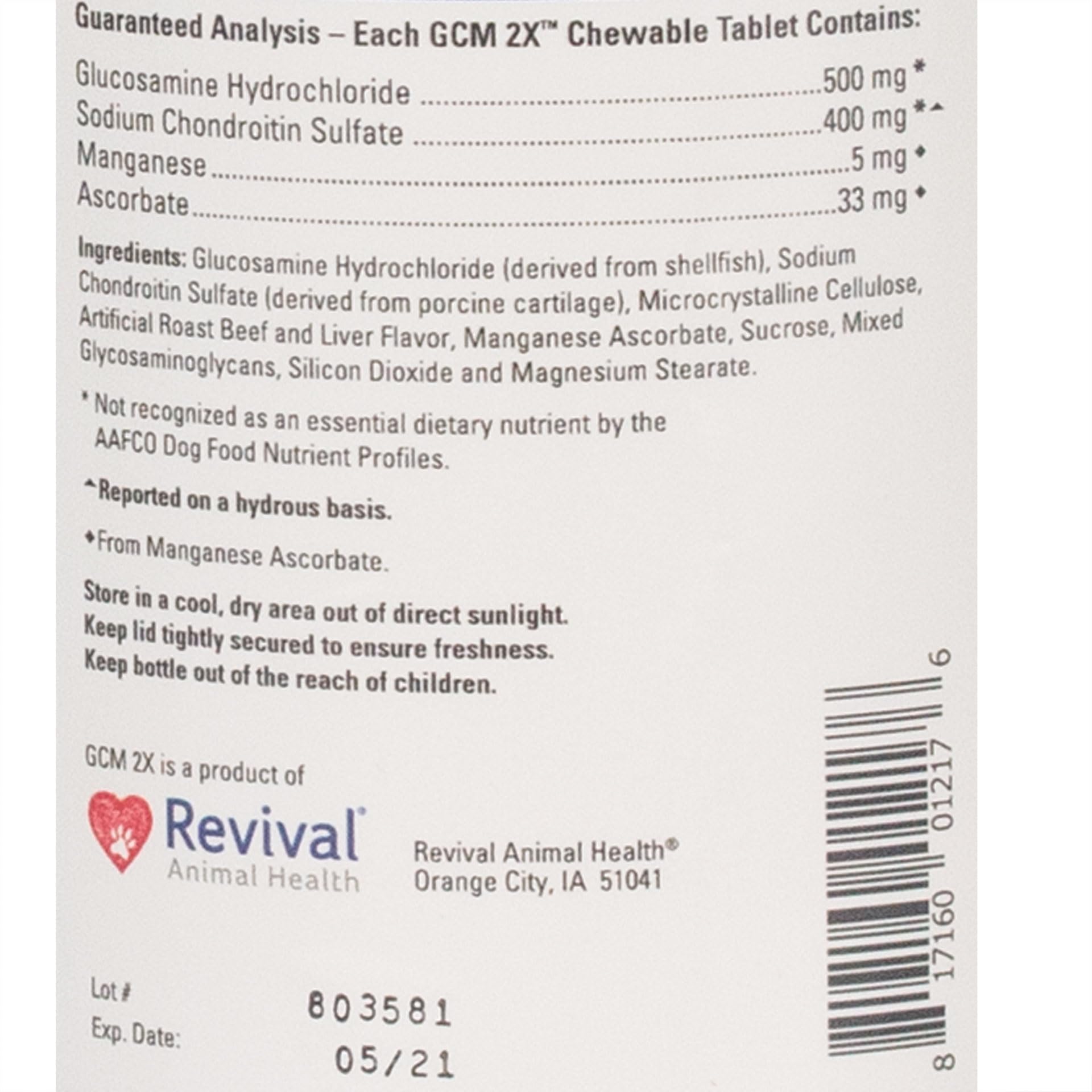 Revival Animal Health GCM 2X Chewable Glucosamine Joint Support Tablets - Premium Supplement for Dogs - 120ct