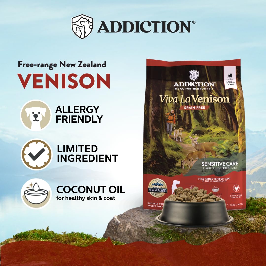 Addiction Viva La Venison Premium Grain-Free Dry Dog Food - Single Protein & Novel Meat with Probiotics - No Chicken, Beef, or Turkey - Ideal for All Dogs & Puppies 20lb