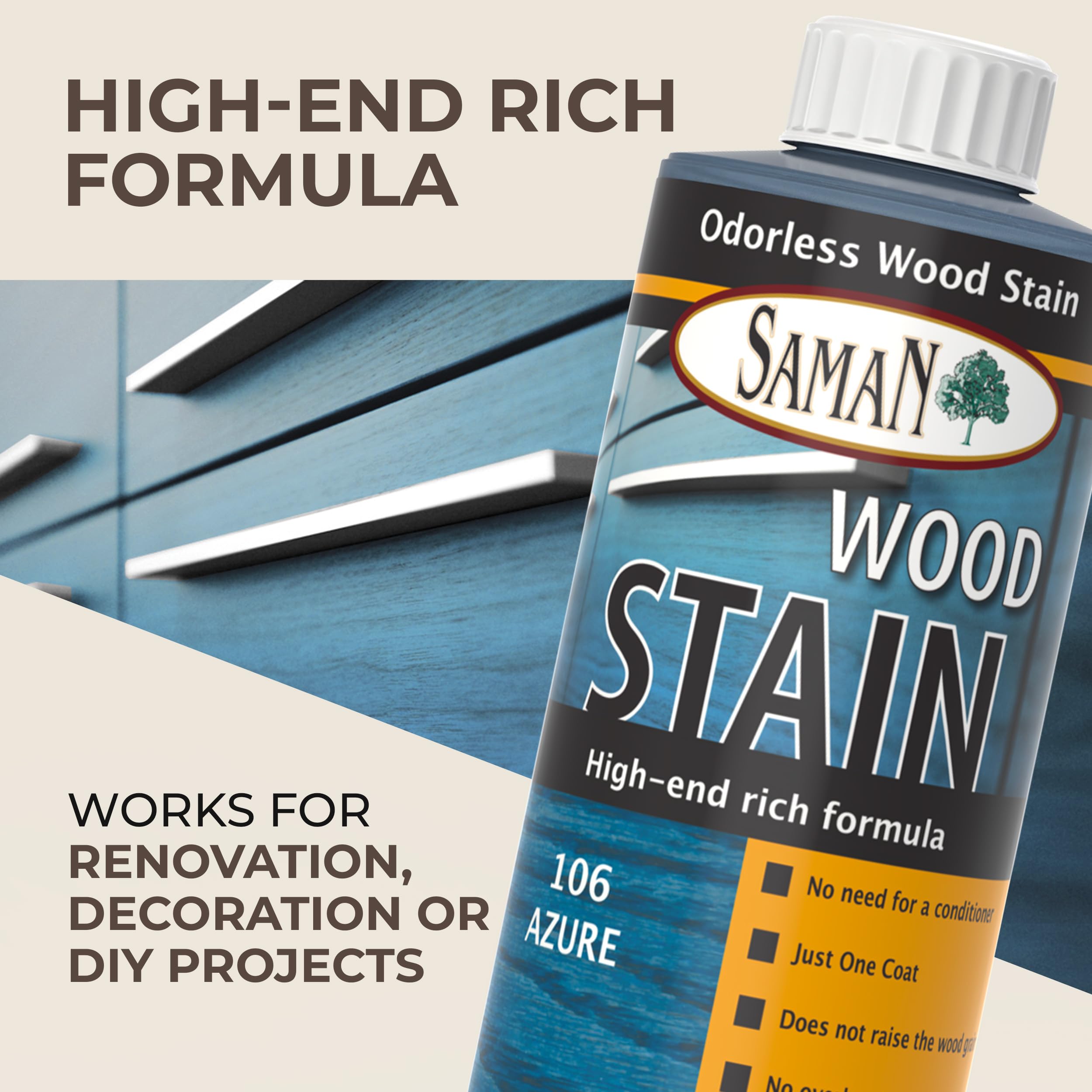 SamaN Interior Water Based Wood Stain - Natural Stain for Furniture, Moldings, Wood Paneling, Cabinets (Azure TEW-106-12, 12 oz)