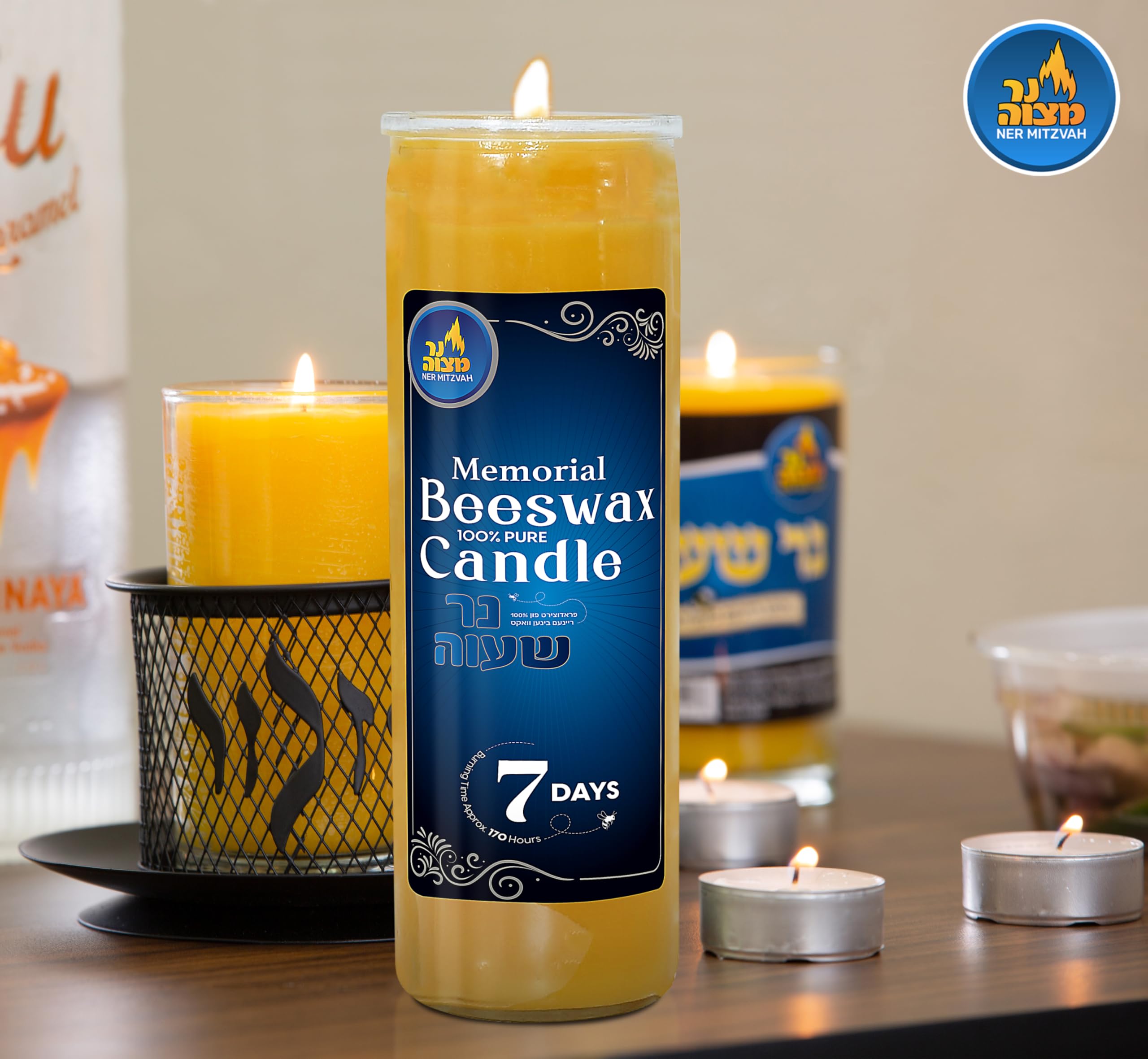 Ner Mitzvah 7 Day Beeswax Yartzeit Candle - 7 Day Kosher Yahrtzeit Memorial and Yom Kippur Candle in Glass Jar