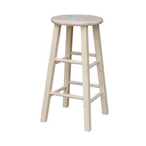 IC International Concepts, Unfinished H Round Top Wooden Stool, Solid Parawood Kitchen/Dining Barstool, Fully Assembled, 225 lb Weight Capacity, Paint or Stain in Any Color, 24-Inch