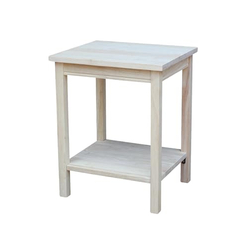 Portman Accent Table Solid Parawood Unfinished Wood 16"W x 14"D x 20"H with Shelf, Small Living Room Furniture for Painting or Staining, Traditional End Table for Bedroom or Entryway